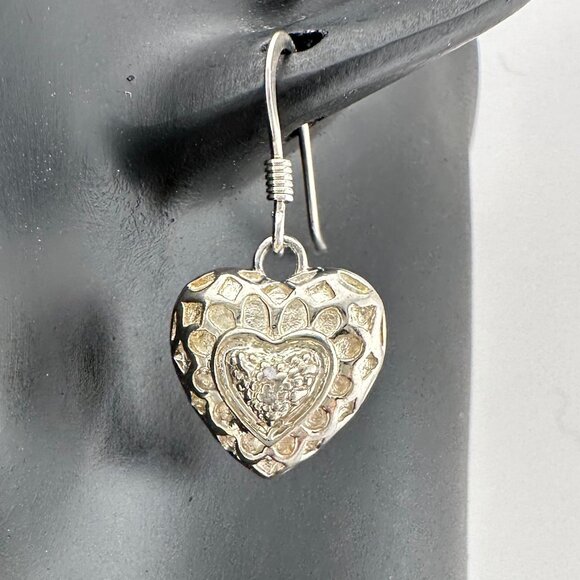 Sterling Silver Heart Dangle Earrings with Small Natural Diamond in Center - Picture 2 of 10
